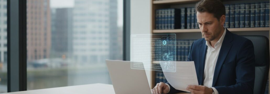 Advocaat in donkerblauw pak controleert kritisch een processtuk naast een laptop met een AI-overlay
