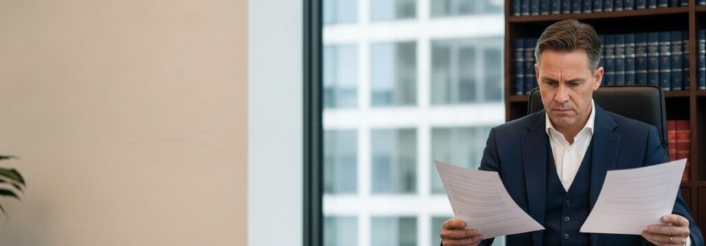Advocaat in marineblauw pak inspecteert kritisch twee processtukken aan een bureau