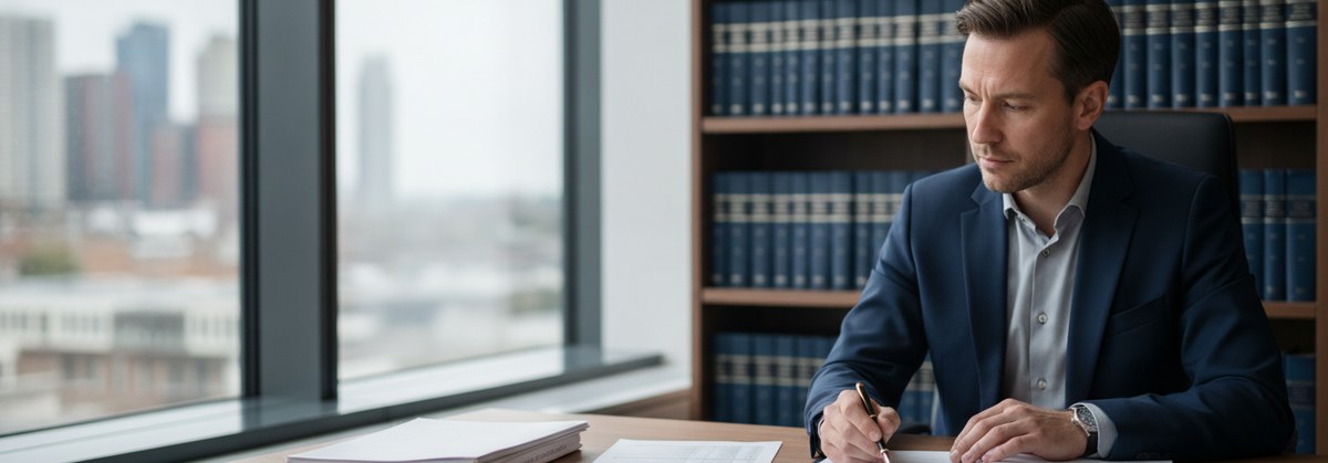 Advocaat in donkerblauw pak berekent aan zijn bureau de griffierechten 2027 bij een dossier en rekenmachine