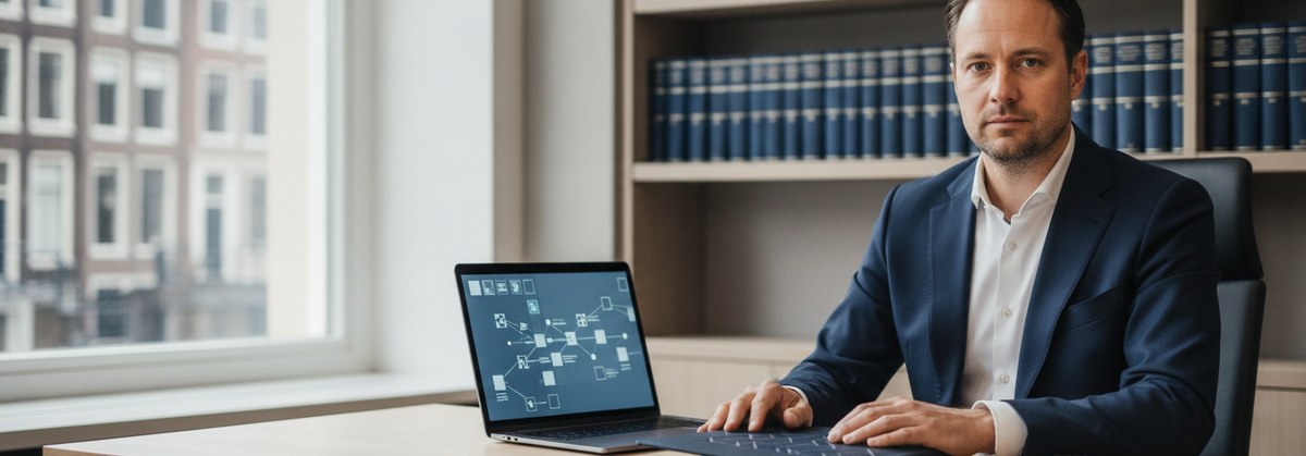 Advocaat in donkerblauw pak met dossiermap en laptop met datagrid, verschoningsrecht onder druk